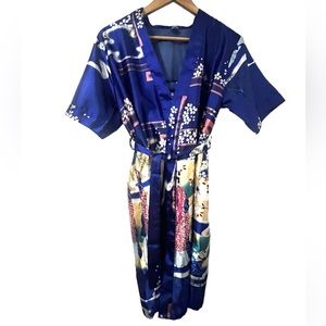 Blue Silk Nightgown + Robe Set - Japanese Style - Cherry Blossoms - Size S